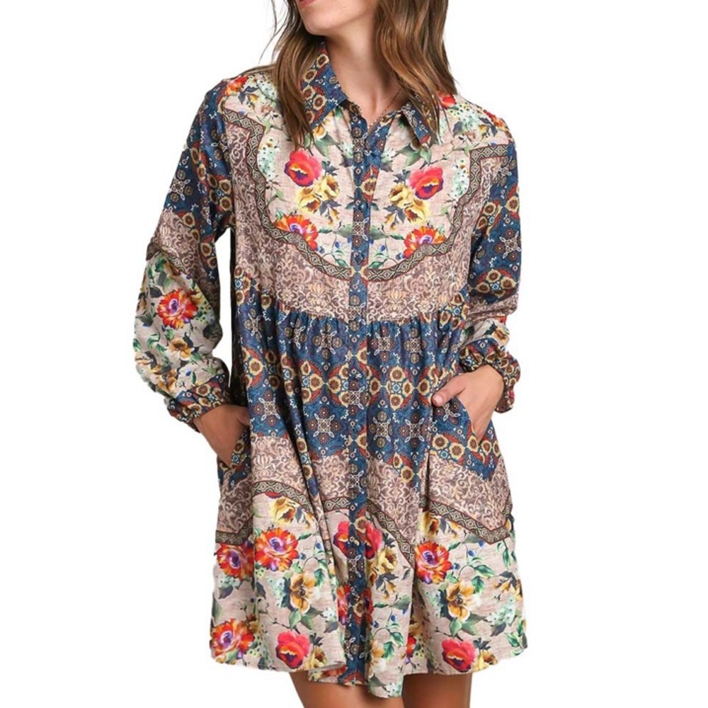 Umgee Floral Print Bohemian Mini Dress Women's